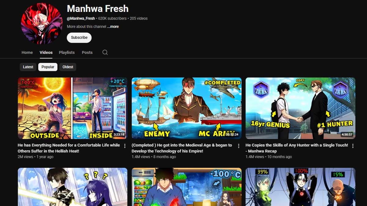 A manhwa recap channel publishing long-form narrated recap videos