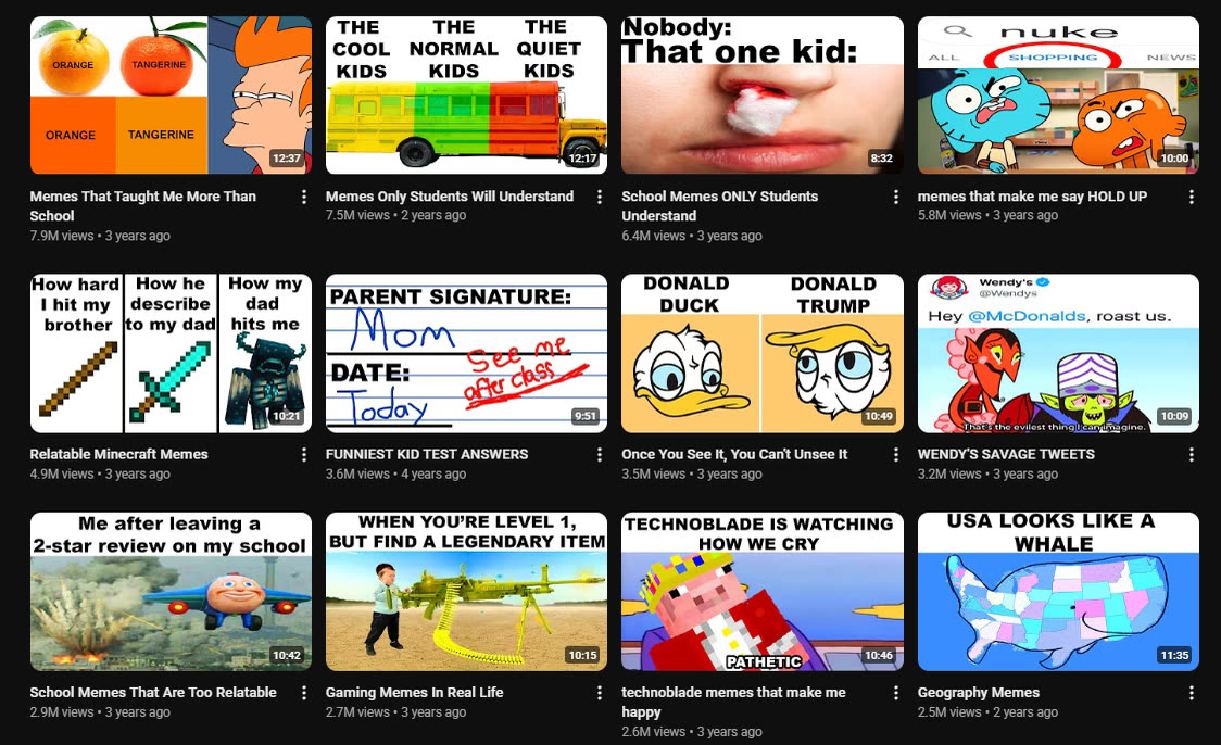 A channel publishing narrated meme compilation videos